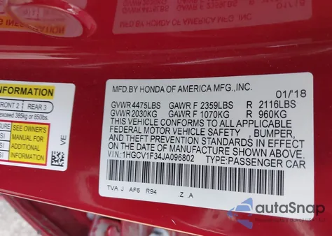 2018 Honda Accord Sport из США, поврежденный, VIN 1HGCV1F34JA096802